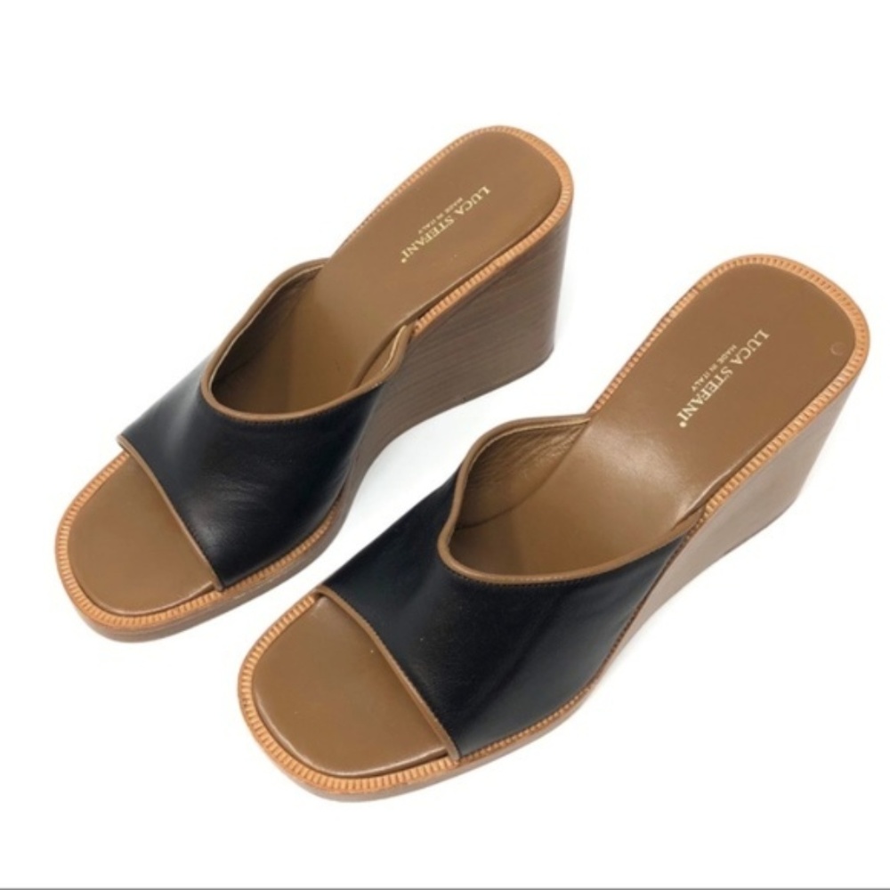 Luca Stefani Black Brown Wedge Leather Sandals Made in Italy - Picture 8 of 8